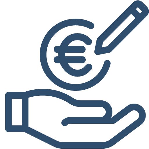 icona di una mano che sta tenendo una moneta con sopra il simbolo dell'euro e una matita