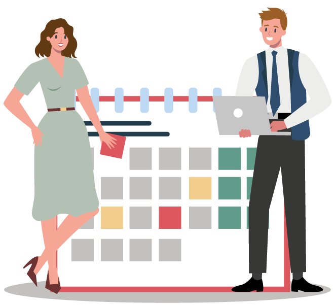 immagine stilizzata di un uomo e una donna davanti a un calendario